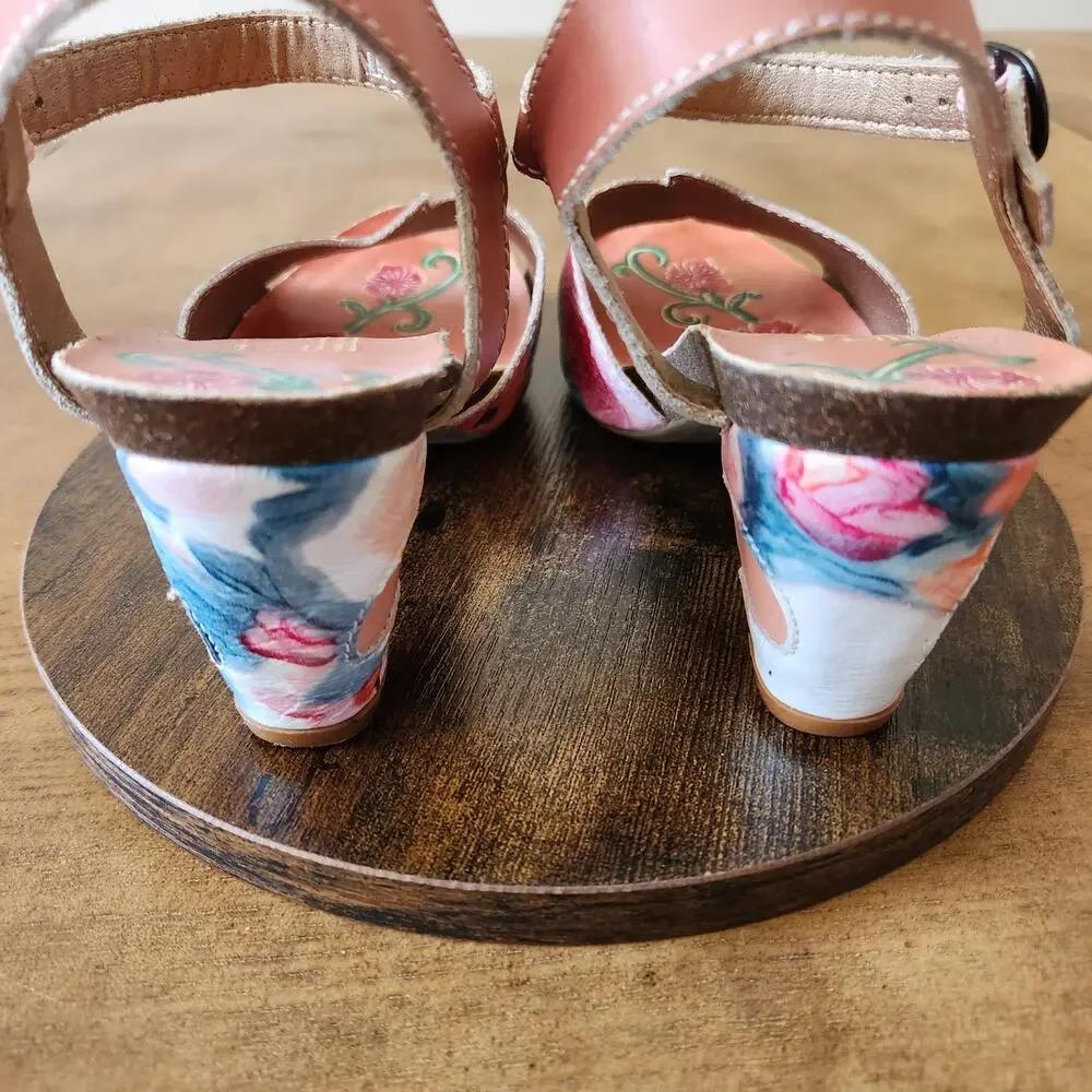 L'Artiste Spring Step Mauri Floral Sandals 37 Warm Orange Leather Hand Painted - Picture 10 of 16